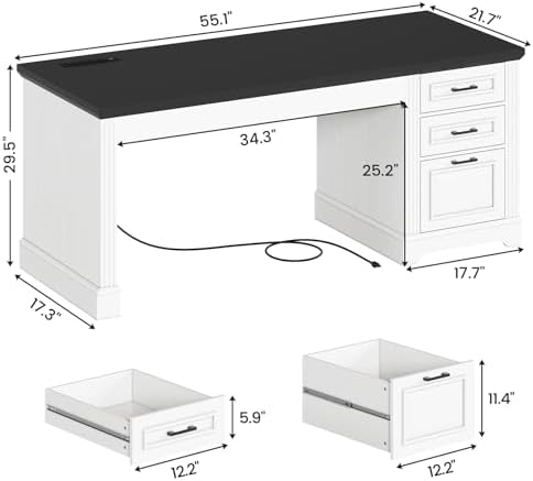 SEDETA Office Desk with 3 Drawers, 55" Executive Computer Desk with Storage Drawers, Farmhouse Desk with Power Outlet for Home Office, White - Image 2
