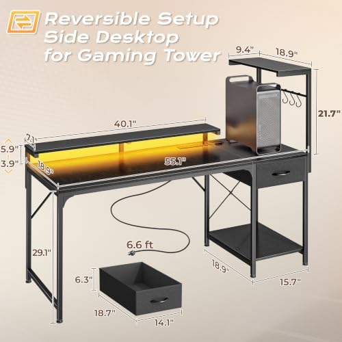 PRAISUN 55.1 Inch Gaming Desk with LED Lights & Power Outlets - Image 3