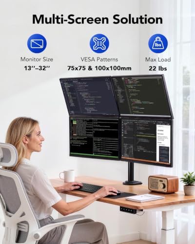 HUANUO Quad Monitor Mount for 13-32 Inch Screens, 4 Monitor Stand with Larger Base, Holds 22 lbs per Arm, Fully Adjustable Stacked Mount, Tilt Swivel Rotation, VESA 75x75/100x100mm, Cable Management - Image 2