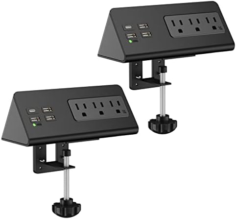 Nightstand Edge Mount Power Strip with USB-C Ports Tabletop Surge Protector Desk Clamp Power Sockets with 3 AC Outlets &4 Fast Charging USB Ports for Home Office Hotel and Dormitory (Black(2-Pack)) by Emerising