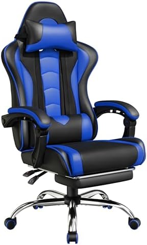Yaheetech Gaming Chair with Footrest Massage Lumbar Pillow Black and Blue by Yaheetech