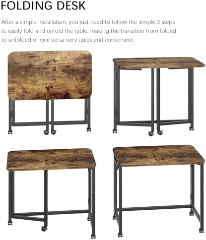 JSB Folding Desk for Small Spaces,Mobile Portable Rolling Laptop PC Table on Wheels,Foldable Computer Desk for Home Office,Bedroom,Dorm,Space Saving (Rustic & Brown, 27.6") - Image 4