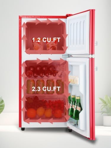 KRIB BLING Mini Fridge With Freezer,Refrigerator With 2 Doors,7- Level Adjustable Thermostat, Removable Glass Shelves For Bedroom, Office, Kitchen, Apartment, Dorm, 3.5 Cu. Ft Red - Image 6