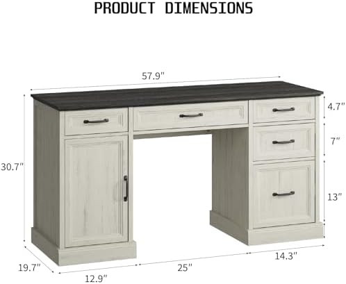 CARPETNAL 58'' Farmhouse Executive Desk with Drawers, Home Office Desk with File Drawer and Storage Cabinet, Rustic Computer Desk for Working, Studying, Writing, White - Image 2