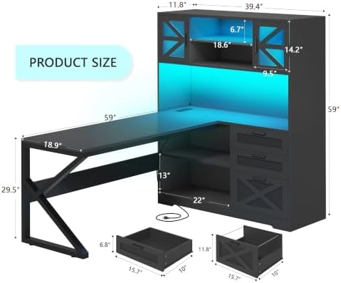 59" Farmhouse L Shaped Gaming Desk with Storage Drawers, LED Lights, Outlet - Image 2