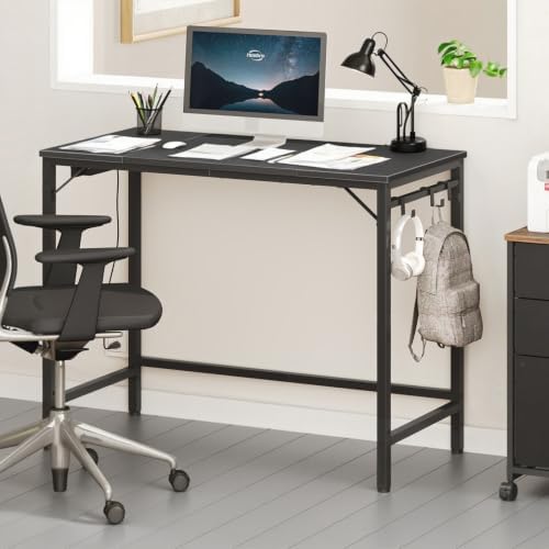 HOOBRO Computer Desk, 31.5 Inch Small Desk with Power Outlet, Writing Table with USB Charging Ports and 3 Hooks for Home Office, Study Room, Bedroom, Easy to Assemble, Black BB40UDN01 - Image 2