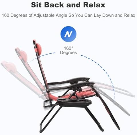 Nazhura Set of 2 Relaxing Recliners Patio Chairs Adjustable Steel Mesh Zero Gravity Lounge Chair Beach Chairs with Pillow and Cup Holder Khaki (Pink) - Image 4