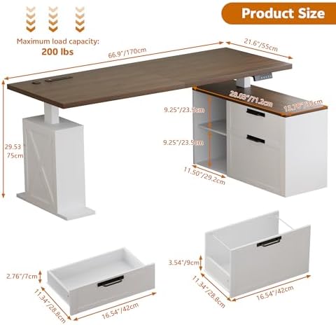 67" L Shaped Standing Desk with Drawers Electric Corner Desk White - Image 2
