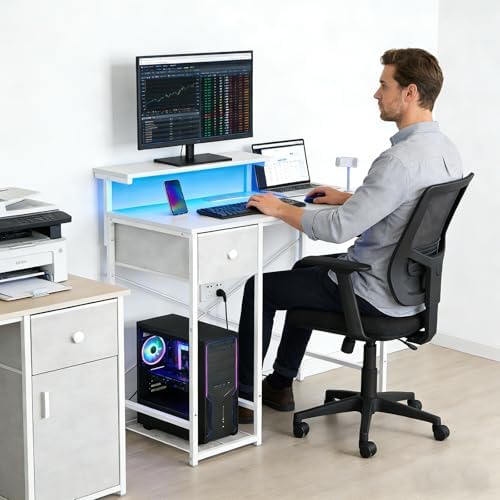 X-cosrack 33.5" Small Computer Desk with Monitor Stand & Outlets, Small Gaming Desk with LED Light & CPU Stand, Teen Study Writing Table with Storage Drawer, Side Hooks for Bedroom, Home Office White - Image 2