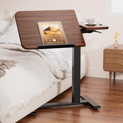 COMHOMA Tiltable Mobile Small Standing Desk, Pneumatic Adjustable Height Overbed Bedside Table with Wheels, Sit Stand Portable Rolling Laptop Desk Computer Workstations, Walnut by ComHoma