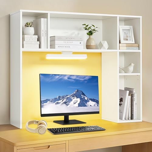 3 Tier Desktop Bookshelf with Rechargeable Eye-Friendly LED Desk Light, Desk Hutch Organizer with 5 Shelves, Wooden Desk Bookshelf for Office, Dorm and Small Space, White by Unknown