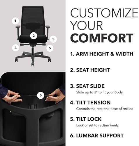 HON Ignition 2.0 Ergonomic Office Chair, Lumbar Support, Desk Chair, Black - Image 4