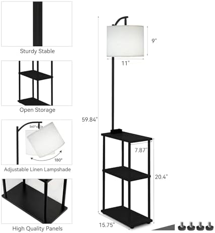 Qupui Floor Lamp with Side Table, USB Charging, 3-Color LED, Black - Image 3