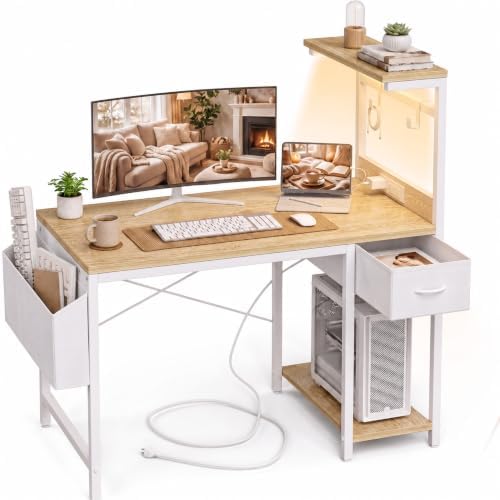 Grandder Computer Desk 40 Inch with Power Outlet and LED Light Oak by Grandder
