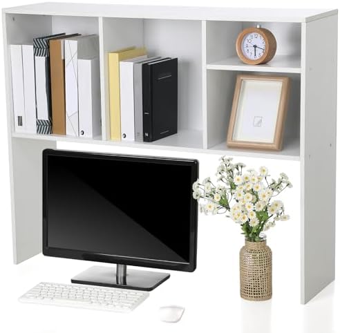 Briwooody Dorm Desk Hutch Desktop Bookshelf for College Office, White by Briwooody