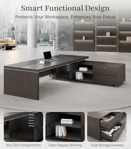 87" L-Shaped Executive Desk with Reversible Return, Modern Office Desk with Drawers, Open Shelves, Ventilated CPU Compartment, Built-in Power Hub with AC Outlet, 2 USB A, USB-C, HDMI, RJ45 - Image 4