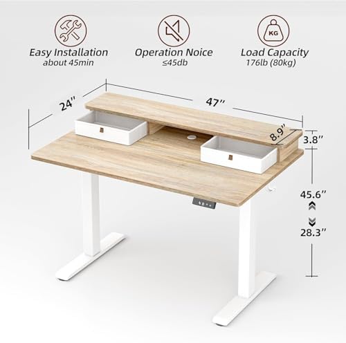 TIQLAB 48 * 24 inch Standing Desk with Two Drawers&Top Shelf, Maple - Image 3