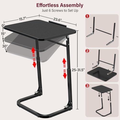 Extra Large Foldable Couch Side Table, Premium Black Leather Top, Height & Tilt Adjustable, Easy Installation, Snack Table Laptop Desk for Sofa, Bedside and Recliner, Easy to Store - Image 2