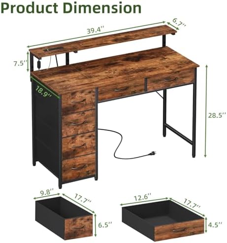 Somdot Computer Desk with Power Outlet and LED Lights, Desk with 6 Drawers - Image 3
