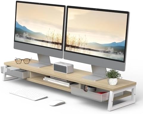 Fenge Dual Monitor Stand Riser, 42.5in Desk Shelf with 2 Drawers, Oak by Fenge