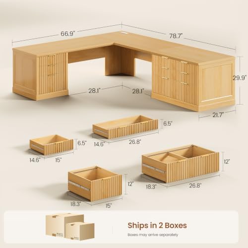 SEDETA Fluted 78.8" L Shaped Executive Desk with 6 Drawers, Oak - Image 2