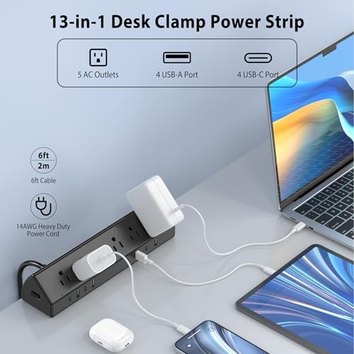 Jgstkcity Desk Clamp Power Strip,45W Fast Charging Station,4 USB-C,4 USB-A,Desk Mount Surge Protector,1875W Extension Cord with Multiple Outlets,ETL Listed,for Home Office Dorm Room - Image 2