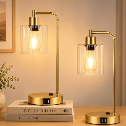 Industrial Touch Control Table Lamps Set of 2 - Gold Nightstand Bedside Lamps with 2 USB Ports & AC Outlet, 3-Way Dimmable Desk Lamp for Bedroom Living Room, Glass Shade & 2 LED Bulbs Included by Nintiue