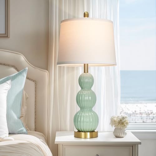 28" Sage Green Table Lamps Set of 2 for Living Room, Modern Ceramic Bedside Lamps for Bedroom, Ribbed Gourd Table Lamps for Nightstand (2 LED Bulbs Included) - Image 3