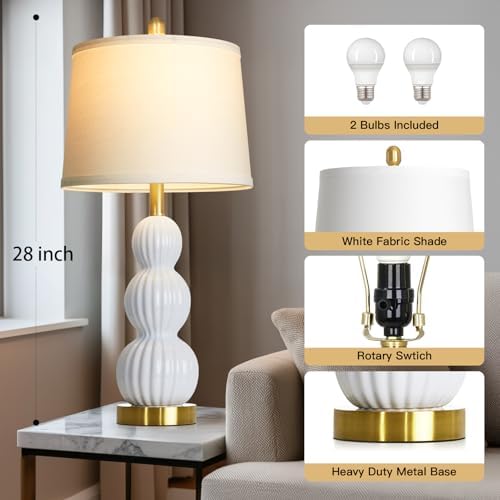 28" White Ceramic Table Lamps Set of 2, Modern Bedside Lamps for Night Stands, Triple Gourd Table Lamp for Living Room End Table or Bedroom Nightstand (2 LED Bulbs Included) - Image 3