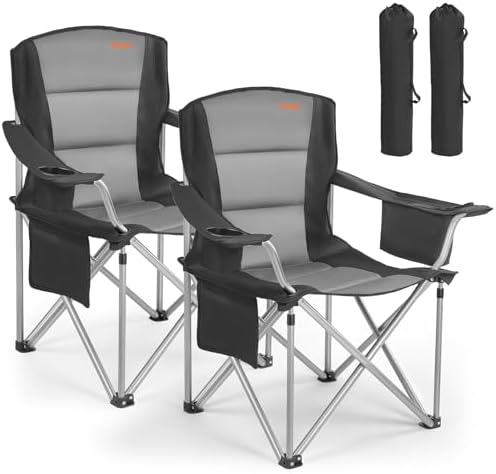 VEVOR Oversized Camping Folding Chair, Portable Heavy Duty Outdoor Quad Lumbar Back Padded with Side Pockets, Cup Holder and Cooler Bag for Beach, Lawn, Picnic, Fishing, Backpacking, 2 Pack by VEVOR