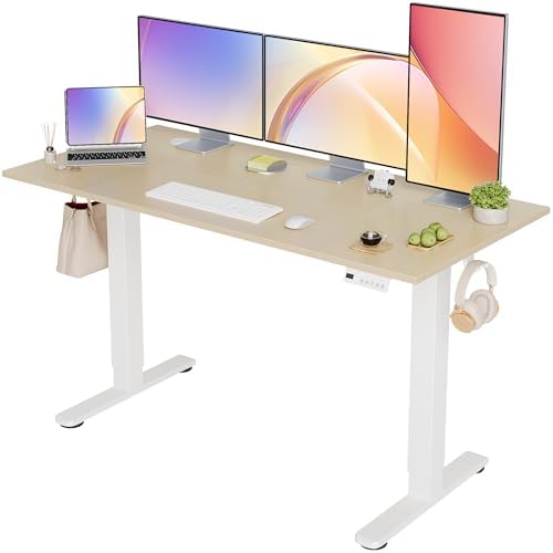 Seang Electric Standing Desk Adjustable Height, 55 x 24 Inch Sit Stand Desk with T-Shaped Frame, 3 Memory Presets & Cable Management for Home Office Computer Workstation, White Frame/Nature Top by Seang