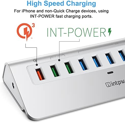 Powered USB Hub 10Gbps, 10 Port USB 3.2 Gen 2 Hub with 7 USB 3.2 Data Ports, 3 Fast Charging Ports, 36W Power Adapter, Type A and Type C Cable, Aluminum USB Hub for Laptop, Mac, PC - Image 5