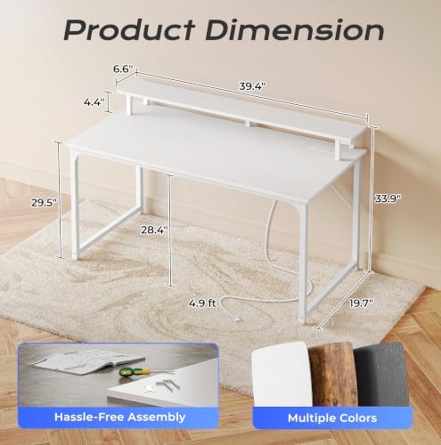 PRAISUN 40 inch Gaming Desk, LED & Power Outlets, Monitor Stand, White - Image 3