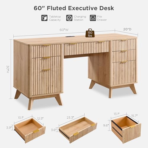 T4TREAM 60" Modern Fluted Executive Desk with Drawers, Natural Oak - Image 2