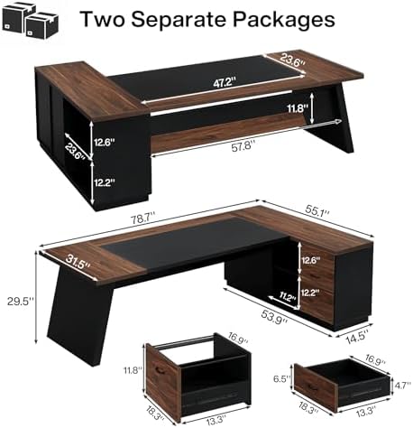 Tribesigns 78" L-Shaped Executive Desk, Large Office Desk with Drawers and File Cabinet, Modern Business Furniture for Home Office (Walnut & Black) - Image 2