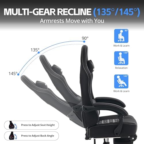 Desk Computer Gaming Chair - Ergonomic Game Office Chair with Extended Footrest and Massage Lumbar Support, Home Gamer Video Game Chairs with Spring Cushion for Adults (Pro Black Fabric) - Image 4
