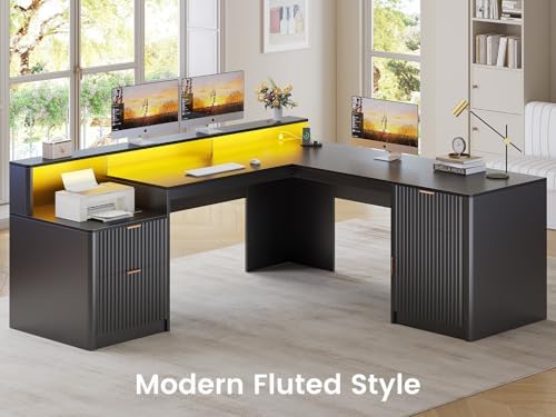 SEDETA 66" Modern L Shaped Desk with Drawers, Fluted Home Office Desk with File Cabinet & Printer Shelf, Wood Executive Desk with Monitor Stand, Power Outlets, Led Lights, Black - Image 4