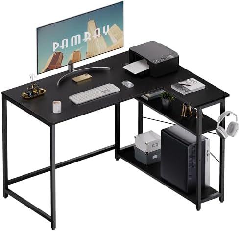 Pamray 43 Inch L Shaped Computer Desk with Reversible Side Storage Shelves, Small Corner Desk for Small Space Home Office,Writing Study Table Gaming PC Desk for Bedroom,Black by PAMRAY