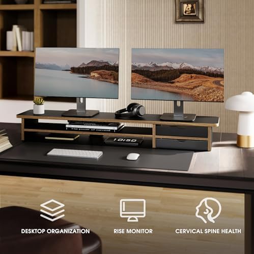 Fenge Monitor Stand, Desk Computer Riser with Frosted Storage Drawer, Black - Image 5