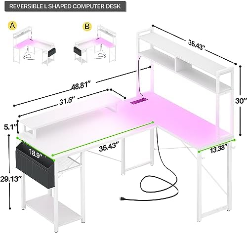 Aheaplus Small L Shaped Desk Gaming Desk with LED Lights & Power Outlets - Image 2