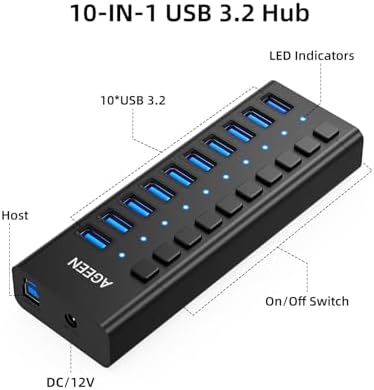 AGEEN 10-Port Powered USB 3.2 Hub, 10Gbps Data Transfer, 48W Power Adapter - Image 2