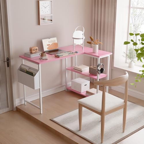 Pamray 40 Inch L Shaped Computer Desk with Reversible Side Storage Shelves, Small Corner Desk for Small Space Home Office, Writing Study Table PC Desk for Bedroom, Pink - Image 2