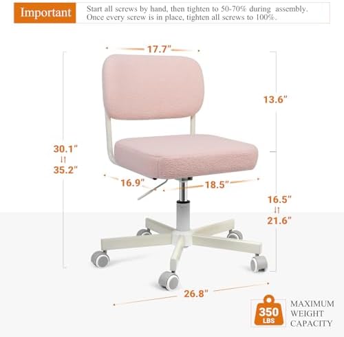 Vanity Chair with Wheels, Armless Swivel Chair for Girls, Pink - Image 2
