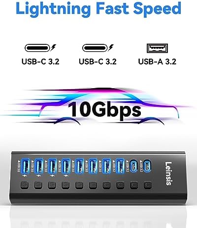 Powered USB Hub 3.2, LEINSIS 10-Port USB 3.2/USB C Hub (10Gbps USB-A 3.2 +2 USB-C 3.2 +7 USB 3.0 Ports) with Individual On/Off Switches and 12V Power Adapter, Aluminum USB Hub Powered for Laptop PC - Image 3