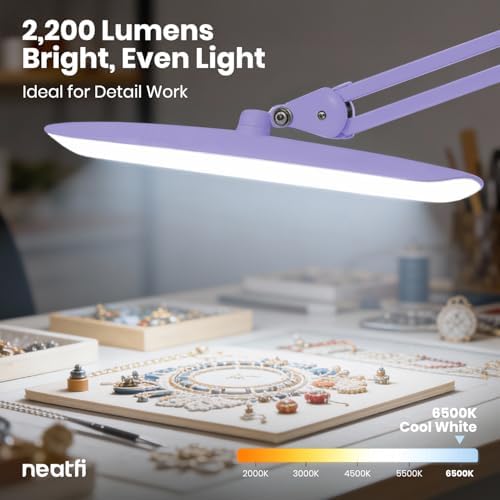 Neatfi XL 2200 Lumens 24W LED Desk Lamp – Shadow-Free Task Lighting | 4-Level Dimming | Home Office & Crafts Use | 20-Inch Wide Head (Lavender, Non-CCT with Clamp) - Image 6