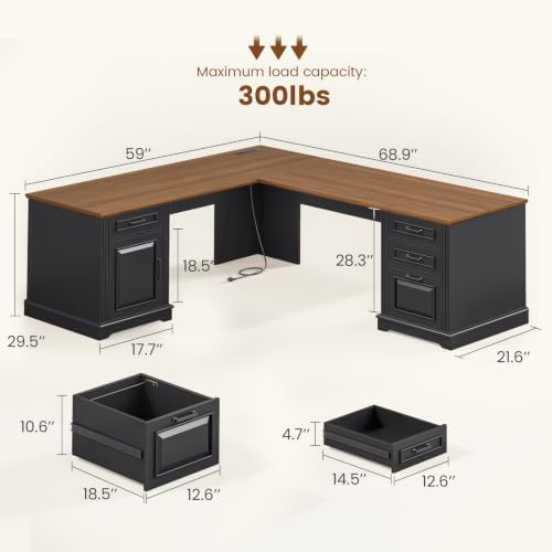 Itaar File Drawer and Power Outlet, Computer Corner Desk with Drawers and Storage Cabinet, Workstation for Office Home, Black Brown - Image 2