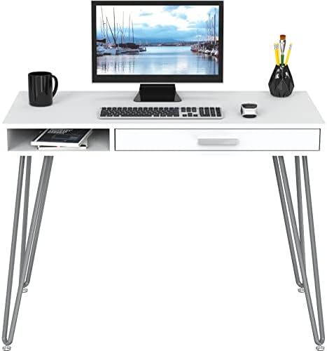 SHW Home Office Computer Hairpin Leg Desk with Drawer, White - Image 4