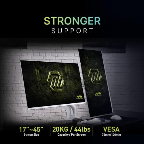 MSI MAG MT201DW - Premium Heavy Duty Dual Monitor Stand Arms, 17-45" Support, VESA Compatible, Adjustable Spring Assisted Mount, 44 lbs per Screen, Clamp & Grommet, Quick Release Plate - White - Image 3