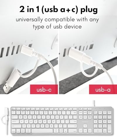 Macally Wired Keyboard for Mac with USB Hub (2X USB-A / 1x USB-C) - Compatible Backlit Apple Keyboard with Dual Interface - Auto OS Detection for Mac, MacBook, iMac, PC, Android, iPad, iOS - Silver - Image 3