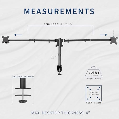 VIVO Premium Triple Monitor Desk Mount for 3 Screens up to 22 lbs, Fits up to 38 inch Ultrawides on Center Bracket, Adjustable Telescoping Arms, Flush Wall Setup, Black, STAND-TS03C - Image 3